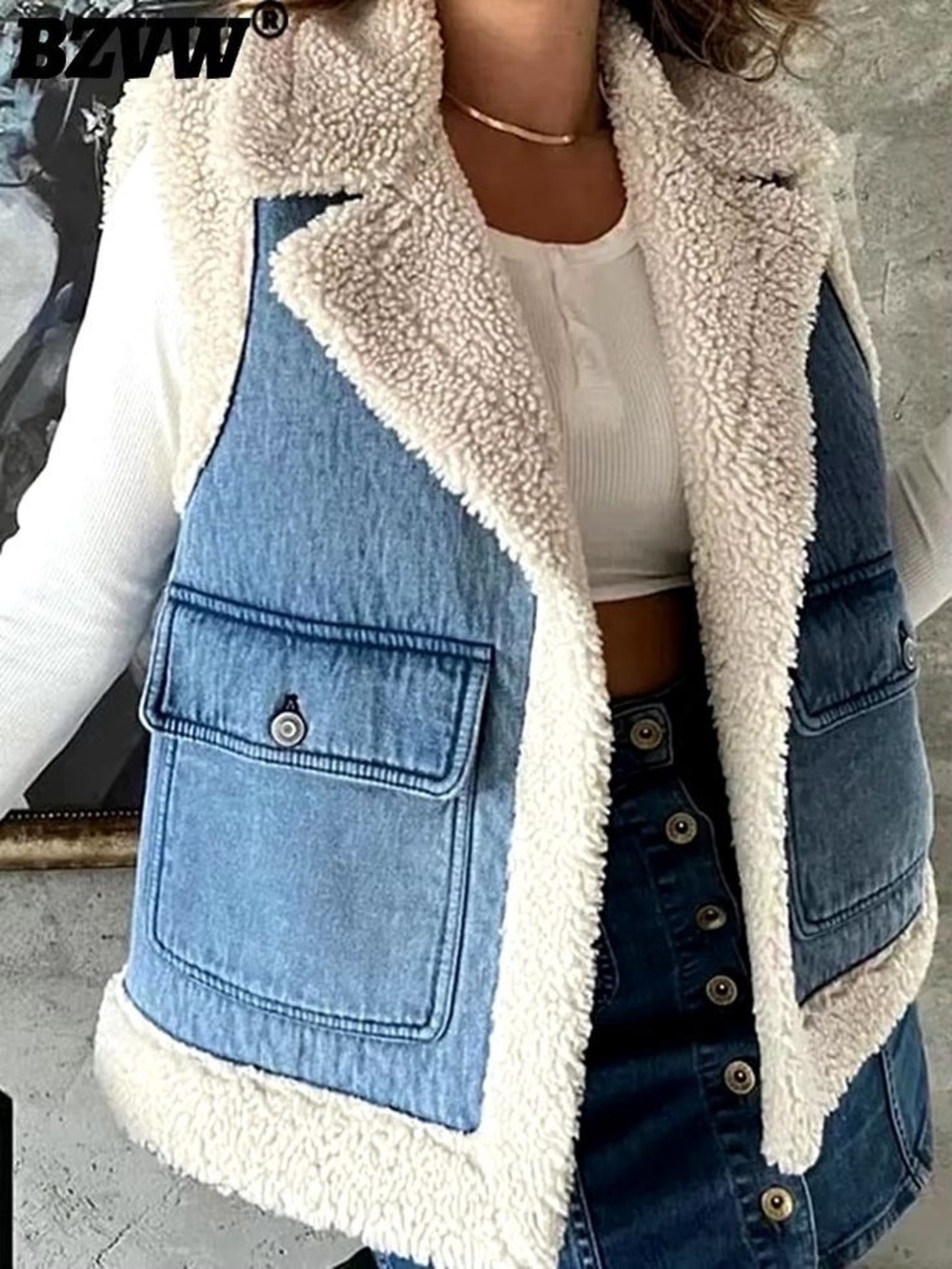 NWT Jason Wu EDIT Women’s Blue Denim Sherpa Vest - Faux Shearling Trim